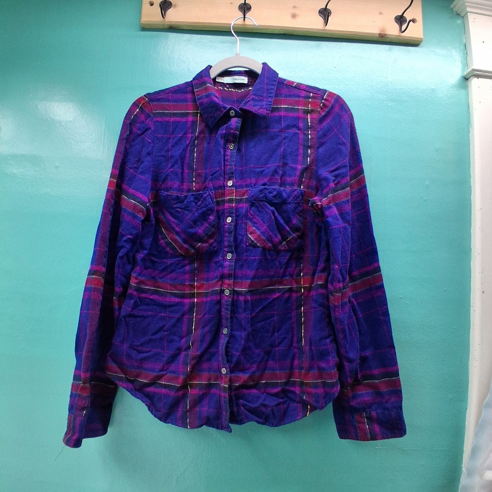 Maurices Plaid Button Down Shirt S Purple Gold Metallic Lurex Grunge Cabin Core